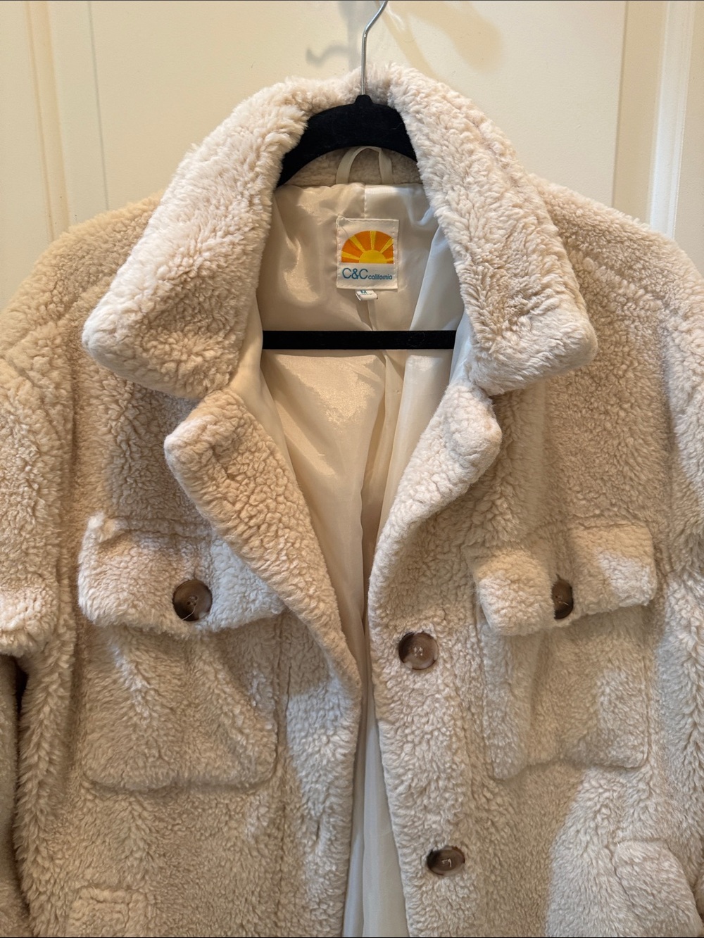 C&C California Cream Plush Sherpa Coat with Button Pockets